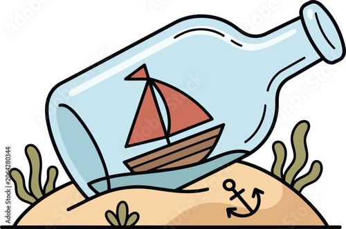 Cute Ship in a Bottle with Beach Sand and Seaweed Cartoon Vector Illustration Isolated on White Background.