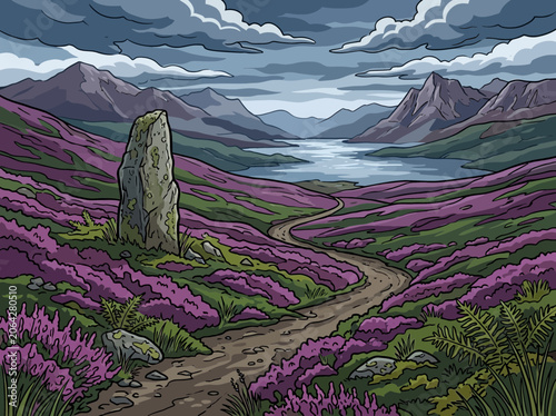 Scottish Moorland Landscape Showcasing Purple Heather, A Solitary Standing Stone, Distant Mountains, A Tranquil Loch And A Winding Path Through The Hills Vector Illustration