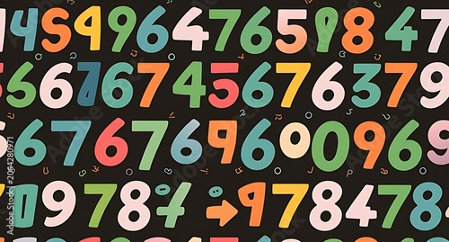 Vibrant colorful numbers and mathematical symbols, playful numeric design, bright educational pattern, fun learning digits, kids’ math decor, lively digital numbers, colorful math symbols, educational