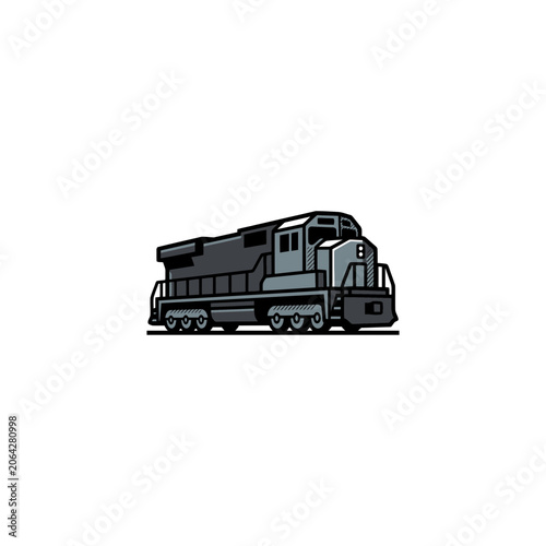 Side View Of A Classic Dark Gray Diesel Locomotive Engine Resting On Railway Tracks With Cabin Windows, Wheels And Metal Body, Realistic Transport Vector Illustration