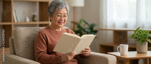 Elderly Asian woman happily reading a book while sitting comfortably