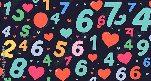 Colorful numbers and pink hearts seamless pattern on dark background, vibrant digital design, perfect for textiles, wallpapers, crafts, kids’ projects, fashion, and lively decorative applications