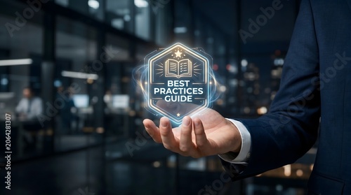 Best Practices Guide Badge with Digital Knowledge Management and Corporate Training Concept in Modern Business Office