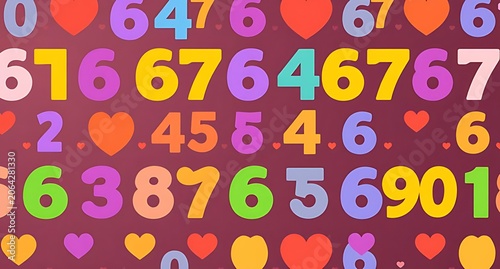 Bright colorful numbers and pink hearts seamless pattern on dark background, ideal for digital designs, textiles, wallpapers, kids’ crafts, creative projects, fashion, and lively decorative uses
