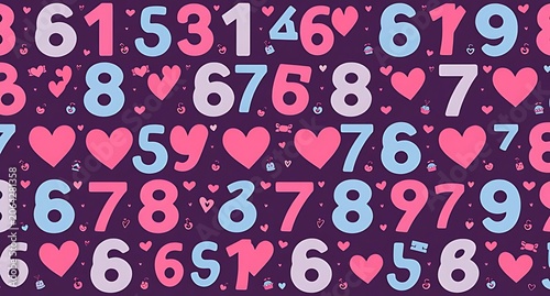 Vibrant colorful numbers and pink hearts seamless pattern on dark background, perfect for digital designs, textiles, wallpapers, kids’ crafts, creative projects, fashion, and lively decorative