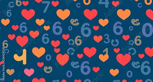 Seamless pattern featuring colorful hearts and numbers on a dark blue background, perfect for textiles, wallpapers, digital backgrounds, crafts, kids’ projects, fashion, and playful design application