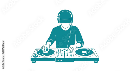 Bild auf Leinwand Teal DJ wearing headphones mixing music.