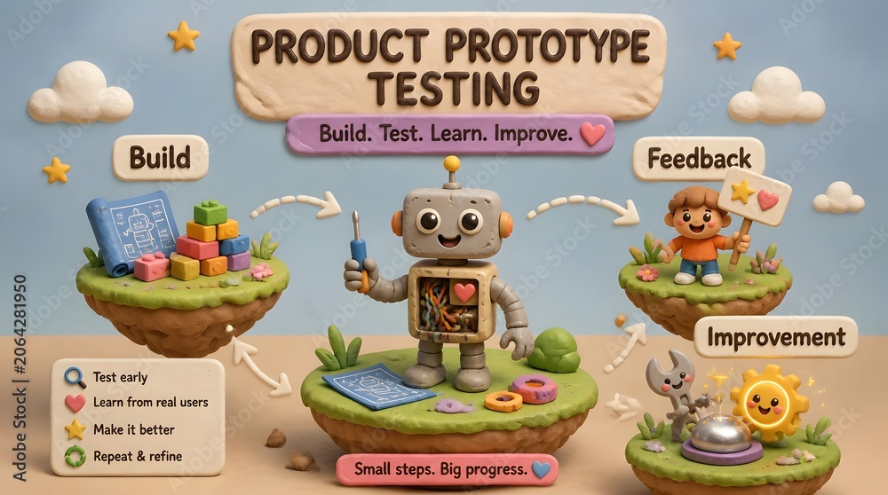 Fototapeta premium Cute 3D claymation infographic about product prototype testing, featuring a cute, smiling unfinished prototype robot character holding a tiny screwdriver in the center, re... in soft pastel co...