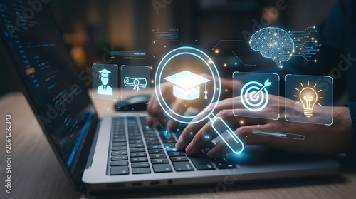  AI search and data analytics concept with magnifying glass on laptop