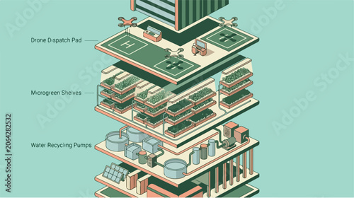 Isometric stacked sports facility levels.