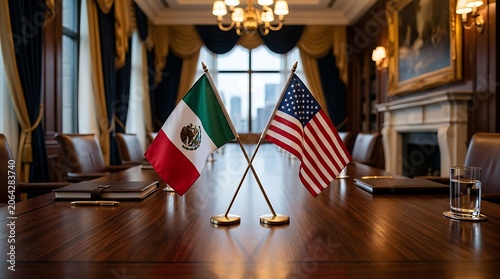 USA and Mexico Flags on Conference Table, Representing International Diplomacy and Partnership