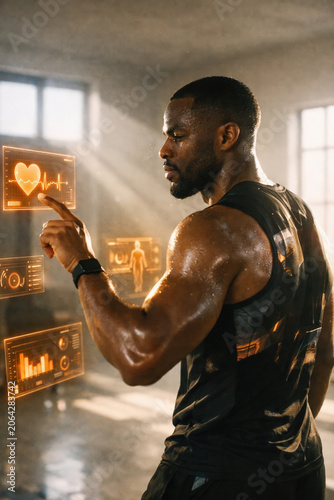 Athletic man checking holographic health metrics in gym