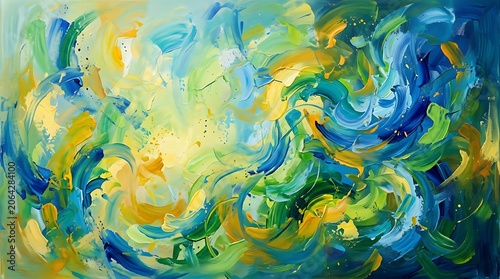 Vibrant Abstract Oil Painting with Dynamic Blue, Green, and Yellow Brushstrokes Texture