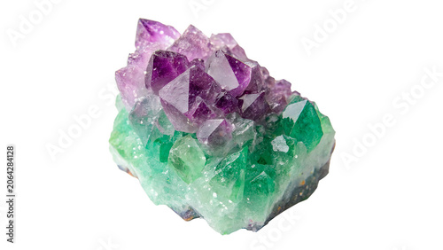 Natural raw purple and green fluorite amethyst crystal cluster mineral isolated on transparent background cut out