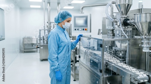 Pharmacy technician monitoring capsule filling equipment in sterile pharma