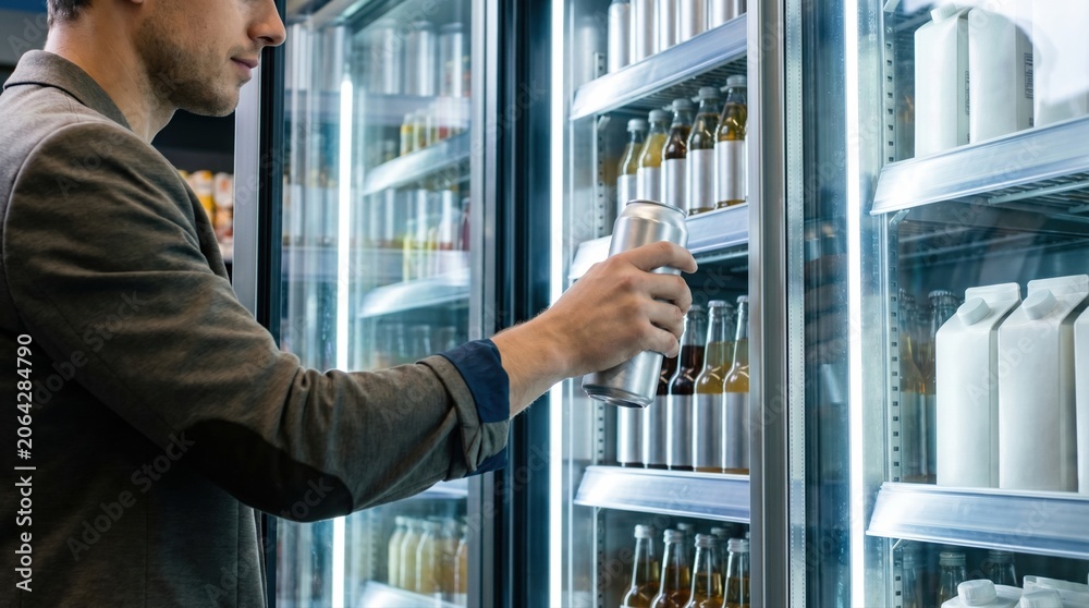 Fototapeta premium Young professional choosing functional drink in convenience store fridge