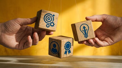 Sustainability and ESG concept with wooden cubes and eco icons
