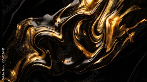 Black and Gold Flowing Liquid Abstract with Premium Luxury Aesthetic, High-Contrast Shine, Depth, and Metallic Reflections