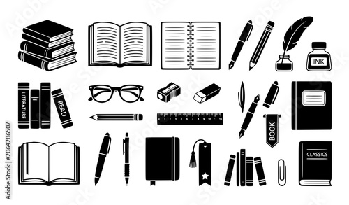Photos Books and writing tools silhouette vector set with literary study objects