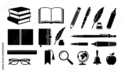 Photos Literary objects silhouette vector collection with books pens and stationery