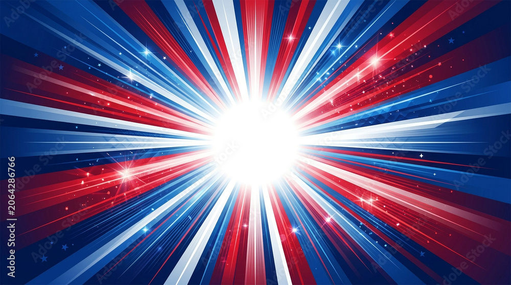 Fototapeta premium Patriotic burst, American explosion, red white blue light, starry effect