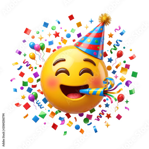 Party emoji celebrating with confetti balloons and horn