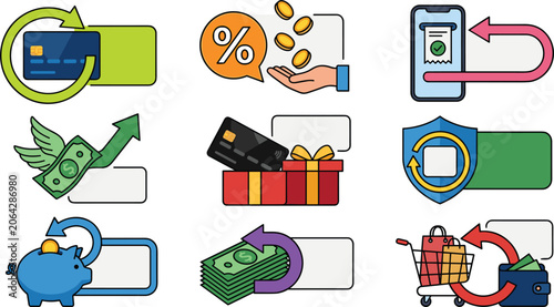 Cuadro en lienzo Cashback and Financial Bonus Vector Icon Set with Credit Cards Money Return Pigg