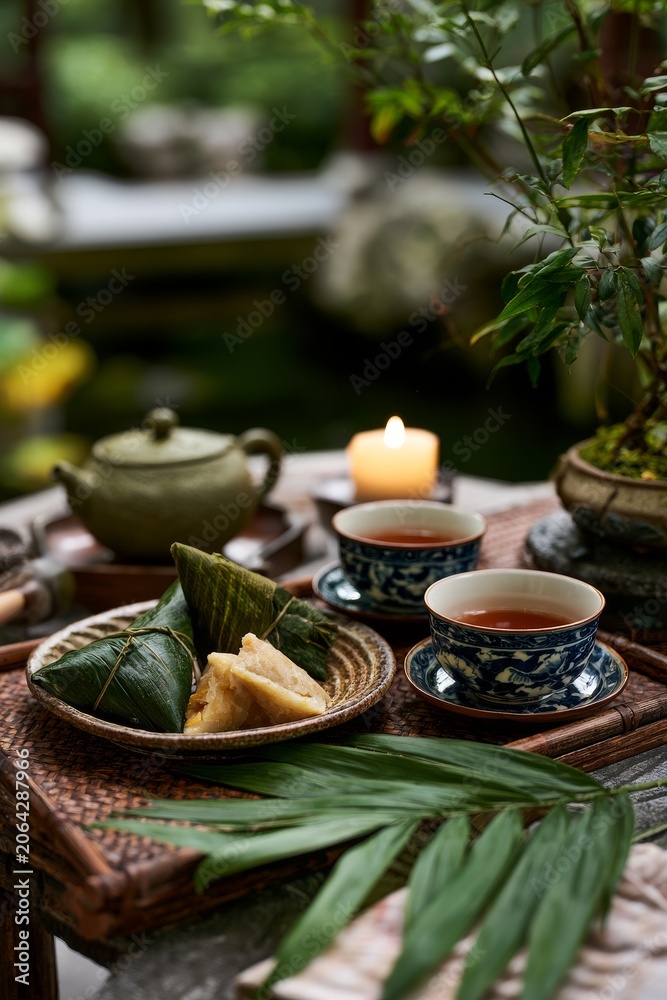 Fototapeta premium Traditional Chinese zongzi are triangular glutinous rice dumplings wrapped in bamboo leaves