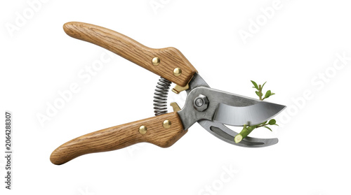 Gardener uses pruning shears to cut small green branches with wooden handles.