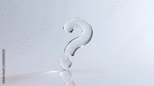 Conceptual background: Transparent glass 3D question mark with round sphere dot and reflection