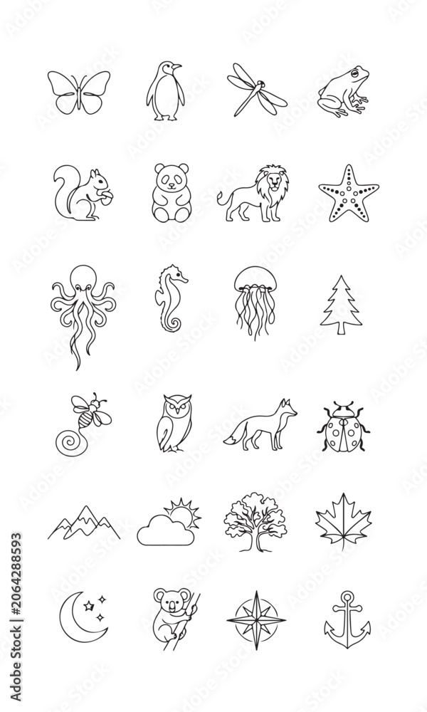 Fototapeta premium 24 Hand Drawn Animal and Nature Outline Icons Set – Simple Wildlife, Botanical and Nature Line Illustrations for Branding and Design
