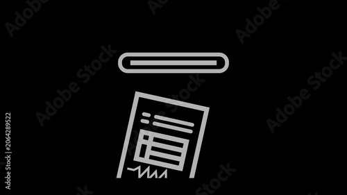 Minimalist white line art icon of a paper receipt or invoice printing out of a slot on black background. Financial transaction, billing, corporate statement, accounting loop