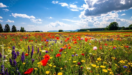 Vibrant field of wildflowers under blue sky