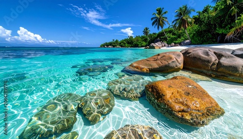 Tropical beach scene with blue water