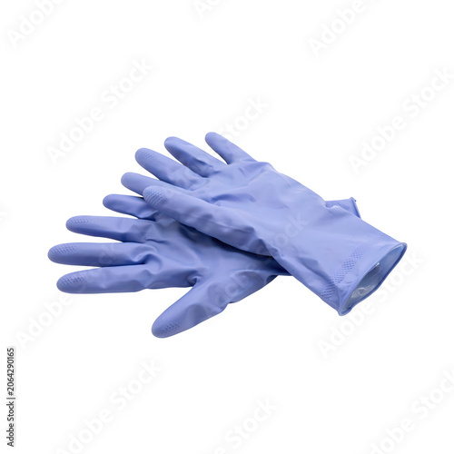 A pair of light blue nitrile examination gloves positioned on a white background, commonly used for medical, laboratory, or safety tasks