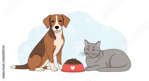 Beagle dog and a grey cat sit together next to a bowl of pet food with falling snowflakes to show cross-species friendship.