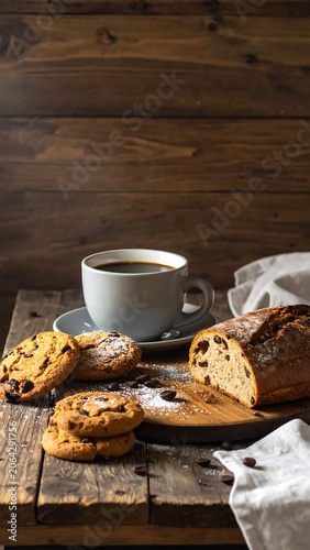 Warm Rustic Coffee Cup with Fresh Cookies and Sliced Sweet Bread on Wooden Table