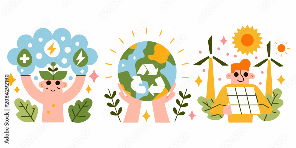 Fototapeta premium Eco Friendly Illustration With Clouds Earth And Wind Turbines