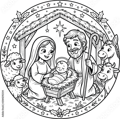 Christmas Nativity Scene Coloring Page with Baby Jesus and Holy Family