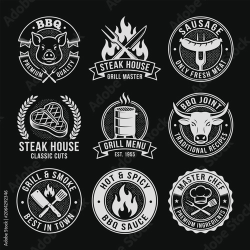  Vintage BBQ Logo Set with Steak House Grill Badges Retro Barbecue Vector Collection