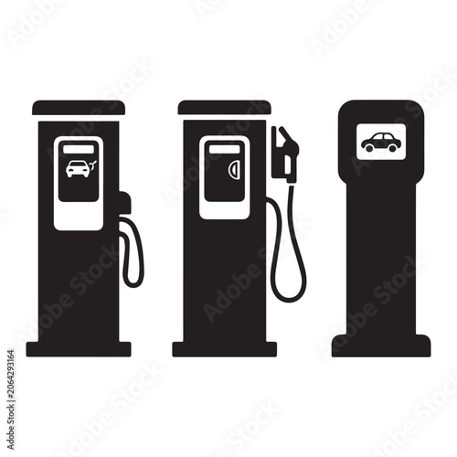 Electric vehicle charging station and traditional gas pump silhouette vector icon set. 