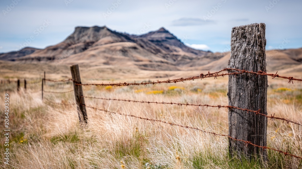 Fototapeta premium Old wooden fence post with barbed wire among dry grasses and rolling hills under a blue sky