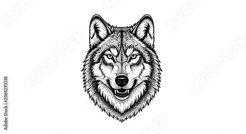 Photos Detailed wolf head with fierce expression in black line art