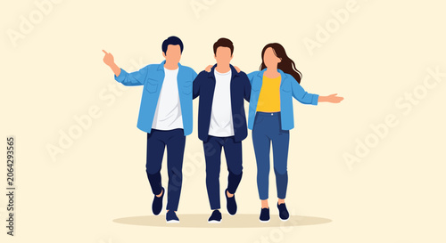 Three happy friends walking together with arms over shoulders wearing casual denim outfits against a plain background.