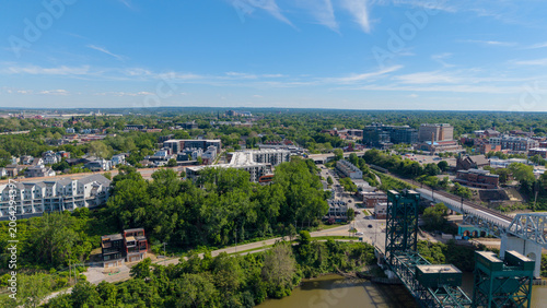 Aerial shot of office buildings, apartments and homes in downtown Cleveland Ohio USA