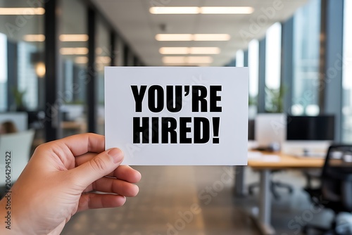 A hand holding a card with youre hired message in a modern office space