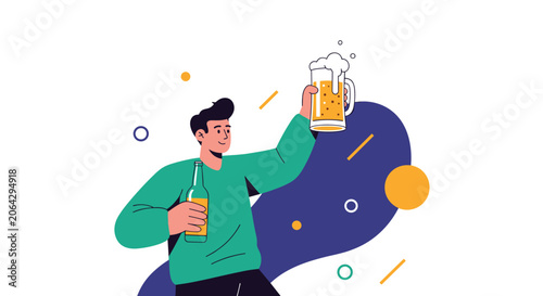 Joyful man celebrating with a bottle and a glass of beer against a dynamic abstract purple and white background.