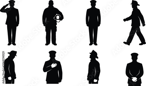 Tableau sur toile WebFirefighter and officer uniform silhouette poses set