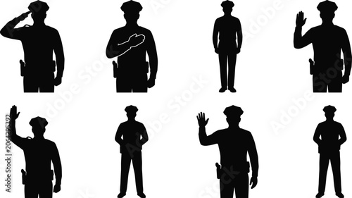 Tableau sur toile Police officer uniform silhouette poses set