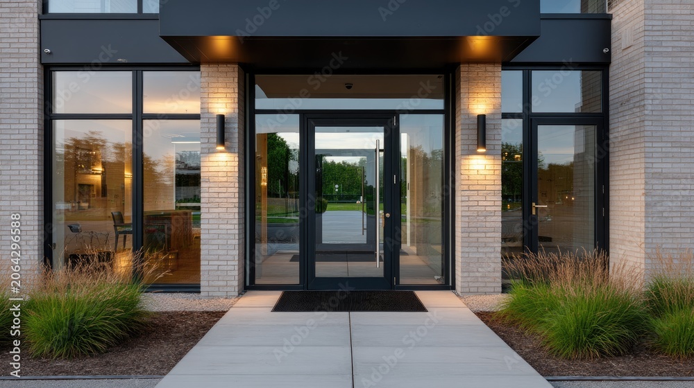 Fototapeta premium Modern entryway of a home with a dark gray door, stone pillars, and large windows creates a welcoming atmosphere during daylight hours